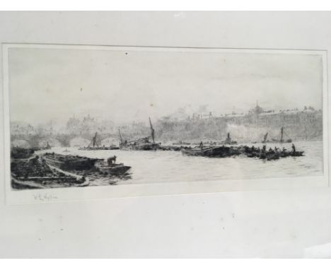 A framed Drypoint by William Lionel Wyllie depicting Thames Barges with a view of Somerset House one of only 150 Impressions.