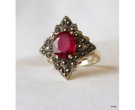 925 silver ruby and marcasite ring