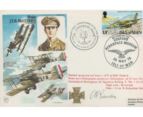 Wg Cdr Bert Evenden Signed Major J. T. B McCudden First Day Cover. Isle of man Stamp and Postmark. Good condition. All autogr