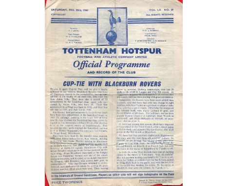 Tottenham Hotspurs FC Vintage Cup-Tie Programme Vs Blackburn Rovers on Saturday February 20th, 1960. Good condition. All auto