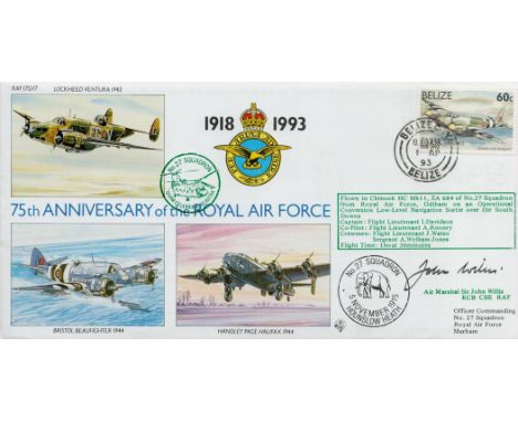 Air Marshal Sir John Willis Signed 75th Anniversary of the RAF First Day Cover. Belize Stamp and 1st April 1993 Belize Postma