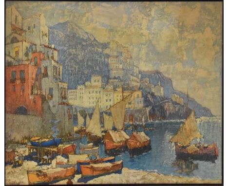 Coloured print - Mediterranean coastal town, 56cm x 69.5cm, framed and glazed   Condition: 
