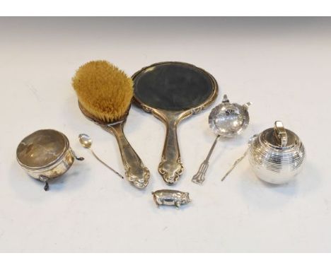 Assortment of silver items to include; silver backed dressing mirror and brush, oval silver trinket pot, straining ladle and 