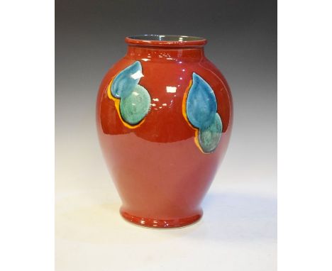 Modern Poole baluster shaped vase having blue and green decoration on a red ground   Condition: 