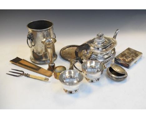 Box containing assorted silver and silver plated wares to include; silver oval table snuff box with banded decoration, silver