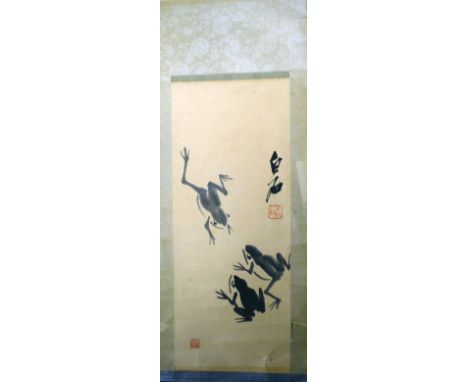 Japanese crepe woodblock print depicting three travellers in a woodland setting, 17.5cm x 26.5cm, another Japanese woodblock 