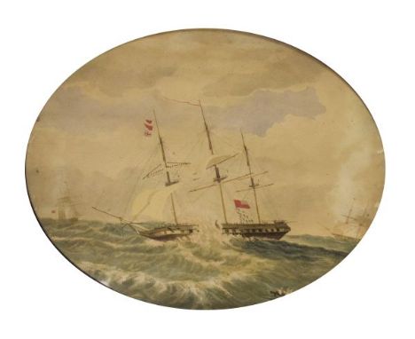 Late 19th/early 20th Century English school - Oval watercolour - Stormy seascape with a British merchant vessel, unsigned, 16