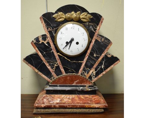 Large French pink marble and marbled slate fan shaped mantel clock, the white enamel dial with Arabic numerals, brass movemen