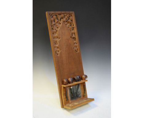 Early 20th Century teak pipe rack reputedly made from the teak from the H.M.S. Ganges, two other pipe racks and a small quant