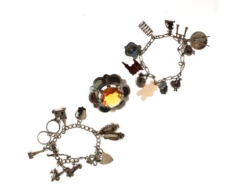 White metal 'Scottish' agate set brooch stamped Sterling Silver and two white metal charm bracelets   Condition: 