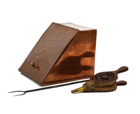 Copper coal box, pair of carved oak framed bellows and a wrought iron toasting fork   Condition: 