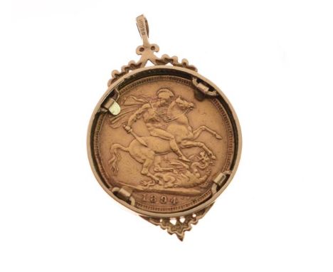 Gold Coin  - Victorian sovereign, 1894, in a 9ct gold surround, total weight 11.1g gross approx   Condition: 