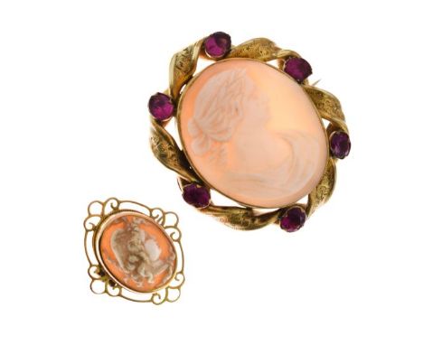 Two shell cameo brooches, the larger with ribbon and pink paste set surround, the smaller with scroll frame, total weight 4.9