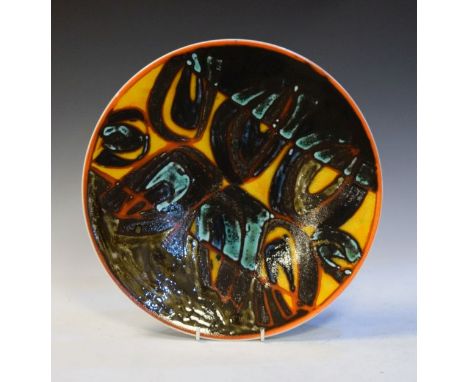 Poole Delphis range charger having typical abstract decoration on a yellow/orange ground   Condition: 