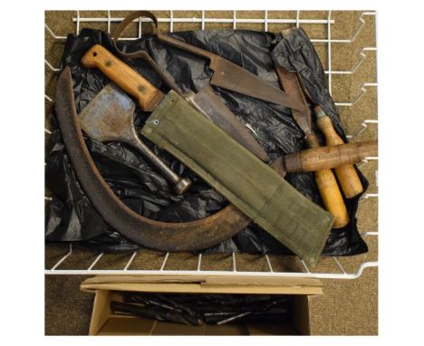 Various tools etc including mid 20th Century British Army issue Golok machete with original canvas sheath, antique sheep shea