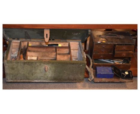 World War II ammunition box, oak tool chest fitted drawers and a quantity of various tools   Condition: 