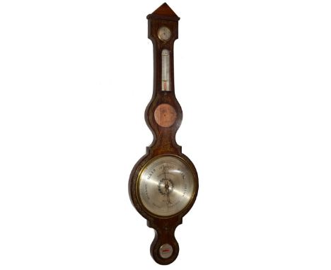 19th Century rosewood cased wheel barometer by Nolcini & Moretti of Merthyr, having painted gilt decoration, silvered dial, s