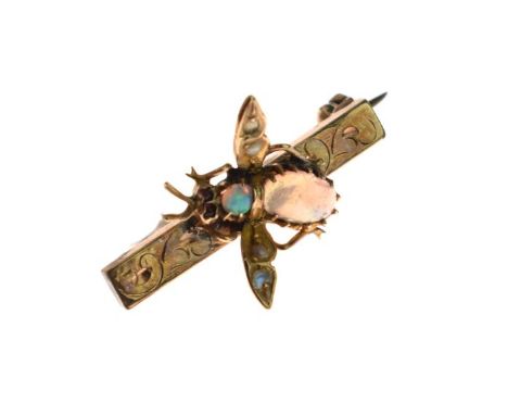 Late Victorian yellow metal and opal set insect brooch having opal abdomen and seed pearl wings, 2.1g gross approx   Conditio