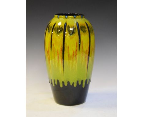 Modern Poole slender ovoid vase having red and black streak decoration on a green ground   Condition: 