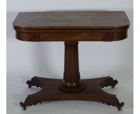 GOOD QUALITY WILLIAM IV CARVED ROSEWOOD PEDESTAL CARD TABLE, the rounded oblong, fold over top with pale green blaize lined i