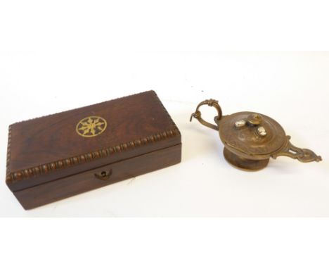 19TH CENTURY BRASS INLAID ROSEWOOD SMALL BOX, OBLONG FORM WITH INLAID CIRCULAR MOTIF AND MOULDED BORDER, the interior lined i