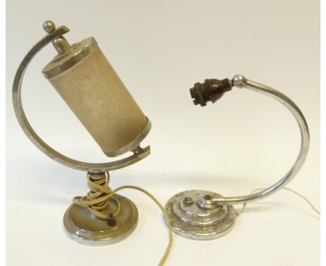 TWO ART DECO CHROME PLATED DESK LIGHTS, one with frosted cylindrical shade, semi-circular holder, raised on a short fluted co
