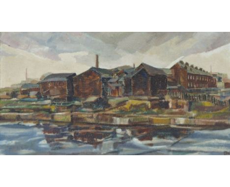 TED FINLEY  OIL PAINTING ON BOARD 'The Irwell at Hough Lane'   Signed lower right and labelled verso 22" x 40" (55cm x 100cm)