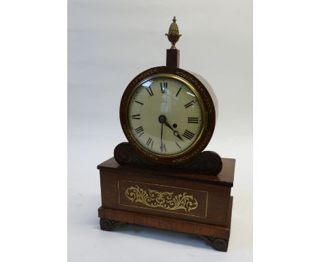 REGENCY ROSEWOOD AND BRASS INLAID MANTEL CLOCK, the 6 1/2" enamelled roman dial powered by a single fusee movement, housed in