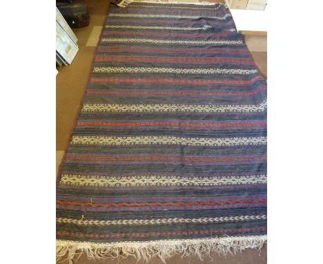 CAUCASIAN EMBROIDERED FLAT WEAVE LARGE TRIBAL CARPET with repeat chain pattern stripes in white or crimson on a black backgro