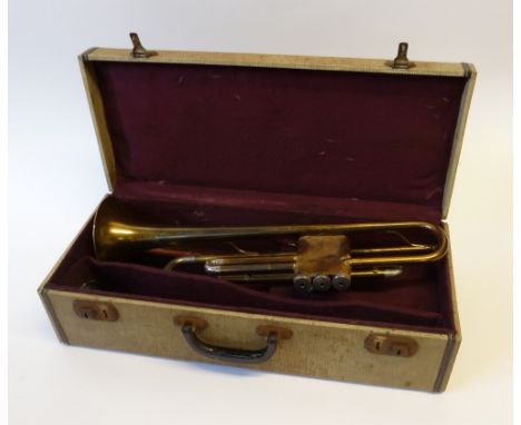 VINTAGE BESSON '35' BRASS, COPPER AND SILVER PLATED TRUMPET, with the mouth pieces and mute, in case