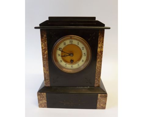 EARLY TWENTIETH CENTURY BLACK SLATE MANTEL CLOCK with variegated marble trim, the 3 1/2" Arabic dial with matted centre, powe