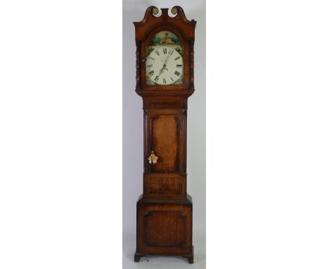 LATE EIGHTEENTH CENTURY OAK AND MAHOGANY LONGCASE CLOCK, signed John Cotterill, Wirksworth, the 13" painted roman dial with d