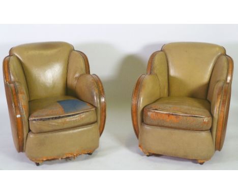 1940's ART DECO WALNUTWOOD CLOUD SHAPED EASY ARMCHAIRS, each with shaped back and arms enclosing a padded back and cushioned 