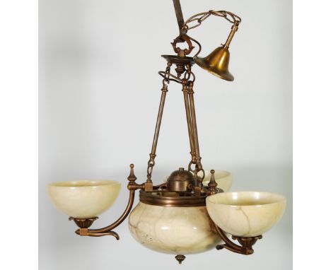 SUITE OF FOUR ART DECO STYLE GILT METAL LIGHTS, comprising a  PAIR OF THREE BRANCH ELECTROLIER'S, and a  MATCHING PAIR OF TWI