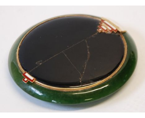 FINNIGANS, NEW BOND ST. , LONDON W1, DARK GREEN HARDSTONE ART DECO CIRCULAR POWDER COMPACT, the gold plated hinged lid inset 