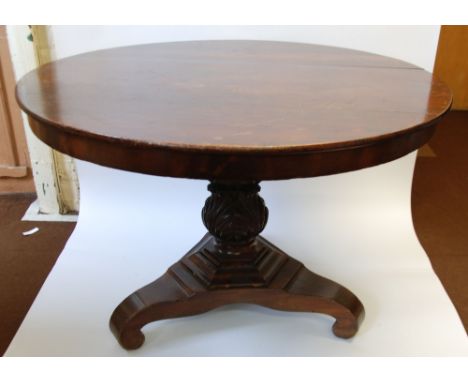 WILLIAM IV MAHOGANY BREAKFAST TABLE, WITH CIRCULAR SNAP TOP, ON HEAVY ACANTHUS CARVED BALUSTER COLUMN AND SCROLLED TRIPOD SUP