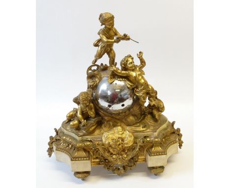 ROLLIN, PARIS, IMPRESSIVE LATE NINETEENTH CENTURY FRENCH ORMOLU, WHITE VEINED MARBLE AND SILVERED METAL MANTEL CLOCK, the 5" 