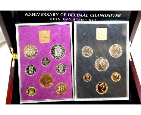 Anniversary of Decimal Change Over coin and stamp set, limited edition of 499, cased. P&amp;P Group 2 (£18+VAT for the first 