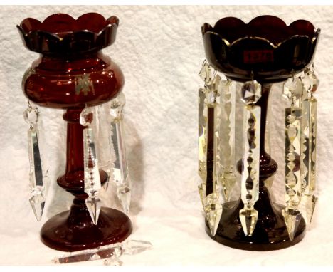 Two Victorian ruby glass lustres with cut clear glass drops, one pin hole in one lustre is enlarged. P&amp;P Group 3 (£25+VAT