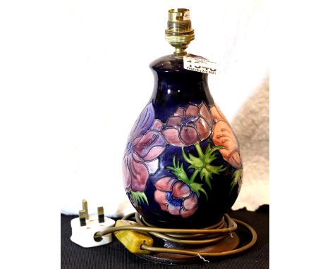 Moorcroft blue ground Anemone lamp base, H: 26 cm. P&amp;P Group 2 (£18+VAT for the first lot and £3+VAT for subsequent lots)