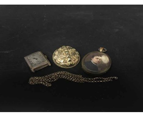 LOT OF JEWELLERY comprising gold watch face, portrait miniature in frame and brooch and chain