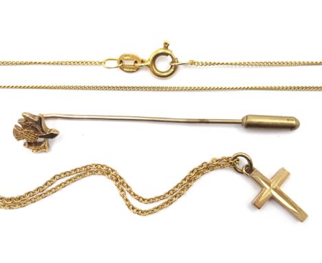 9ct gold cross pendant necklace, gold chain necklace and a gold thistle stick pin all hallmarked Condition Report 5.3gm