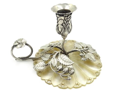 Continental silver (tested) and mother of pearl chamber stick, in the form of a flower H6.5cm