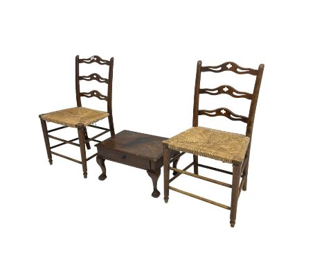 Pair 19th century waived and pierced ladder back kitchen chairs with rush seatsDimensions: Height:&nbsp;90cm&nbsp; Length/Wid