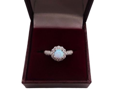 Silver opal and cubic zirconia cluster ring, stamped 925 Condition Report:Size Q