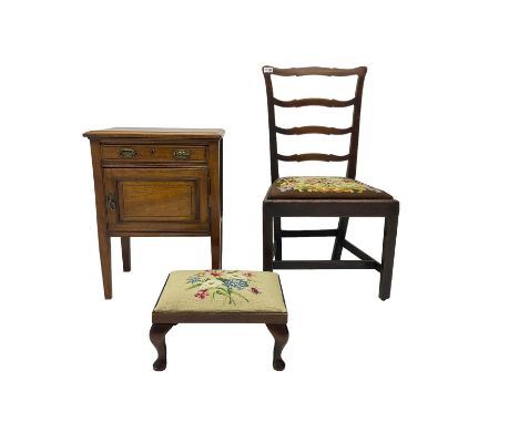 19th century country oak Chippendale design ladder back chair together with a footstool with matching needwork upholstery and