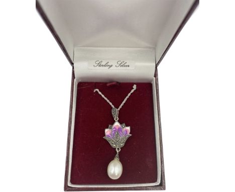 Silver enamel, marcasite and pearl flower necklace, stamped 925 and boxed