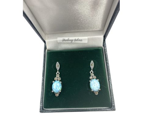 Silver opal and marcasite pendant stud earrings, stamped 925, boxed