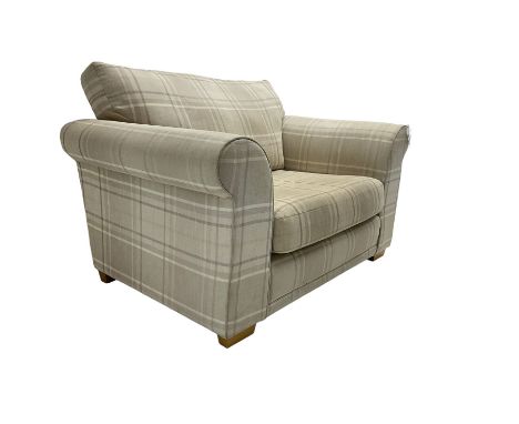 Contemporary snuggler sofa, upholstered in chequered fabricDimensions: Height:&nbsp;83cm&nbsp; Length/Width:&nbsp;130cm&nbsp;