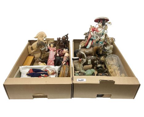 Collection of 20th century, mostly Chinese collectables, to include carved wooden horses, cork sculpture, pair of hardstone b